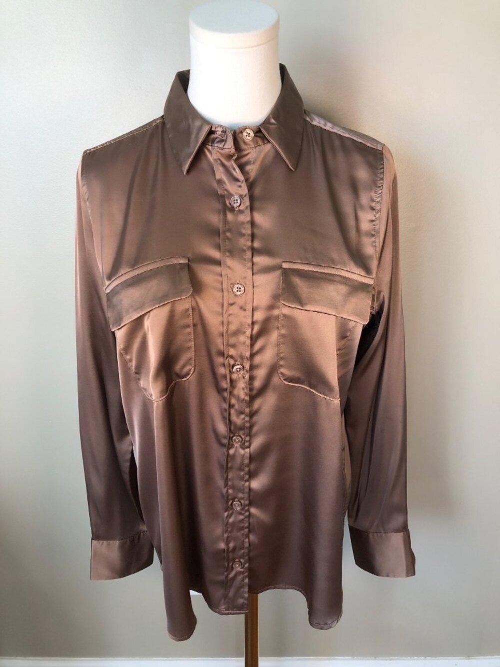 Equipment Stretchy Relaxed Fit Button Front Brown Blouse Chic Professional Sz XS